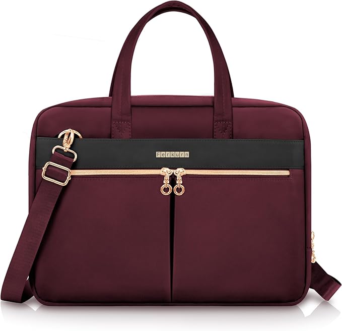 Ferkurn Laptop Bag Case Women Men Computer Bag Compatible with MacBook/HP/LG/Dell, Shoulder Strap Slim Carrying Messenger Briefcase, Wine Red, 14 Inch