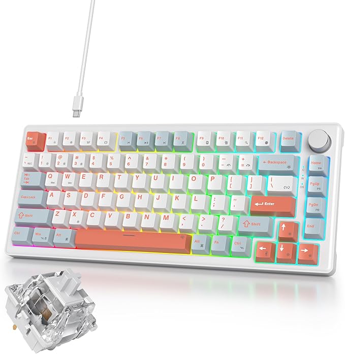 75% White Blue Creamy Mechanical Keyboard Wired, Creamy Sound Gasket Gaming Thocky Keyboard with Knob, Hot Swappable RGB Custom Keyboard, Pre-lubed Cream Switch Keyboard (82 Light Blue)