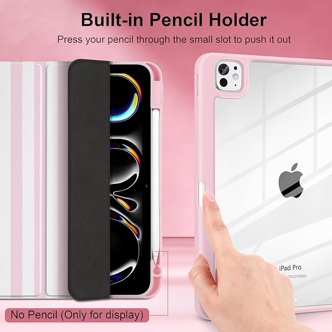 Case for iPad Pro 11 inch (M5) 2025 (M4) 2024 Release with Pencil Holder -Cute Pink White Striped Trifold Cover with Clear Back Auto Sleep/Wake, Aesthetic Soft Protective Skin for Girls Women