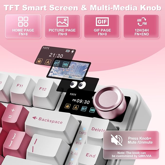 YUNZII B75 PRO MAX QMK/VIA Wireless Mechanical Keyboard,75% Layout with Screen and Knob,Custom Hot Swap Gasket,Creamy Pre-lubed Switches,Bluetooth/Type-C/2.4G for Win/Mac (White Heart,Candy Switch)