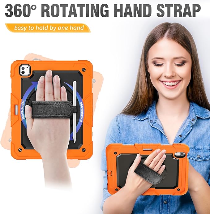 HXCASEAC for iPad Pro 13 Inch Case (M5/M4) 2025/2024, Shockproof Design with Pencil Holder, Protector, Rotating Stand, Hand Strap, Heavy Duty Protective iPad Pro13 Cover A3360 A2925 A2926, Orange