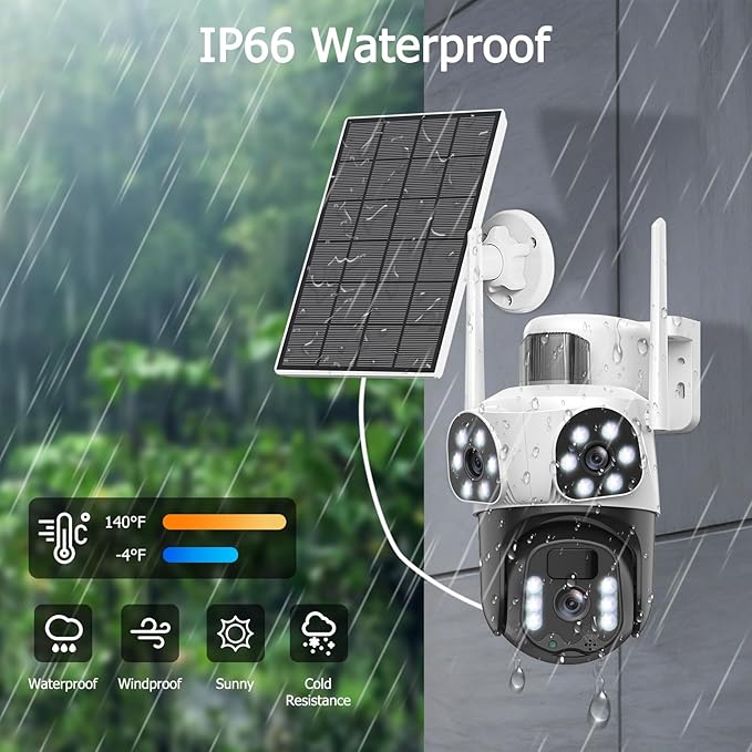 4K Solar Security Camera Wireless Outdoor with Dual-Lens,2.4G WiFi Cameras for Home Security with WiFi 6,8MP Color Night ViSion,PIR Motion Detection,Auto Tracking,2-Way Audio,Spotlight Siren,Alexa