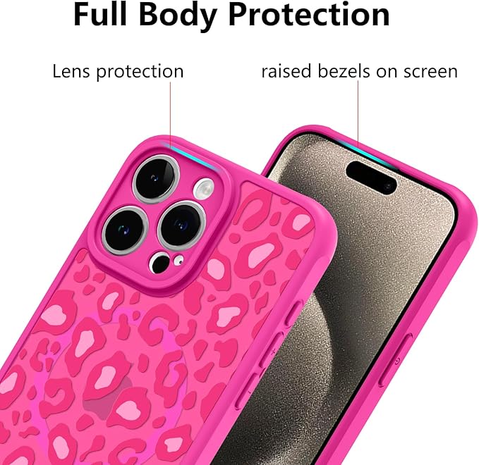 KANGHAR Case for iPhone 15 Pro Max Hot Pink Leopard Printed Pattern Cute Cheetah [Compatible with Magsafe] Protective Magnetic Case for Girls Women 6.7"