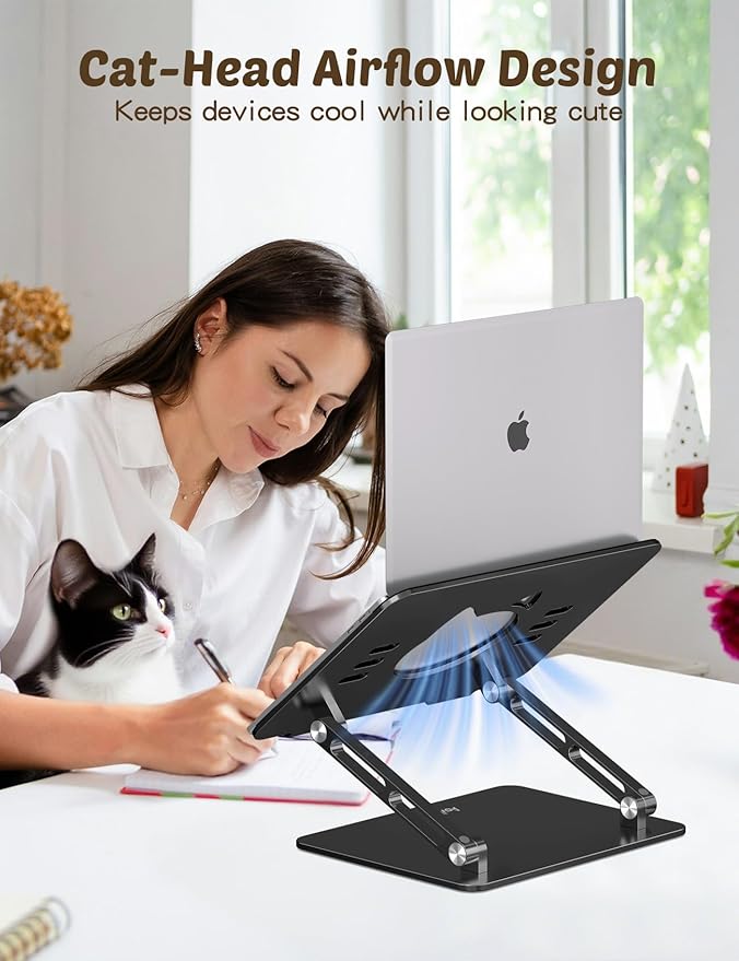 Aoviho Laptop Stand for Desk – Adjustable Aluminum Laptop Riser with Unique Cat-Shaped Cooling Vent, Portable Desk Gift & Decor, Compatible with MacBook Air Pro, Dell, HP, Lenovo (10"-17.3"), Black