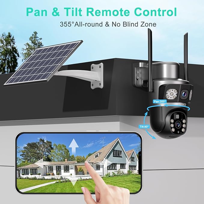 SANSCO 2K Dual Lens Solar Security Camera Wireless Outdoor, 2.4G & 5G WiFi, 360° PTZ Home Security Camera, 100% Wired Free, Spotlight Color Night Vision, 2-Way Audio, PIR Motion Detection, APP Alerts