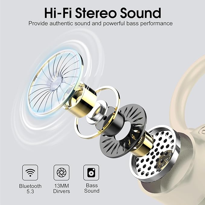 Wireless Earbuds, 2023 Bluetooth Headphones 5.3 Sport, 50H Ear buds with Earhooks, Dual LED Display, Bluetooth Earbuds, Bass Stereo Noise Cancelling Headphones, IP7 Waterproof Earphones, Off White