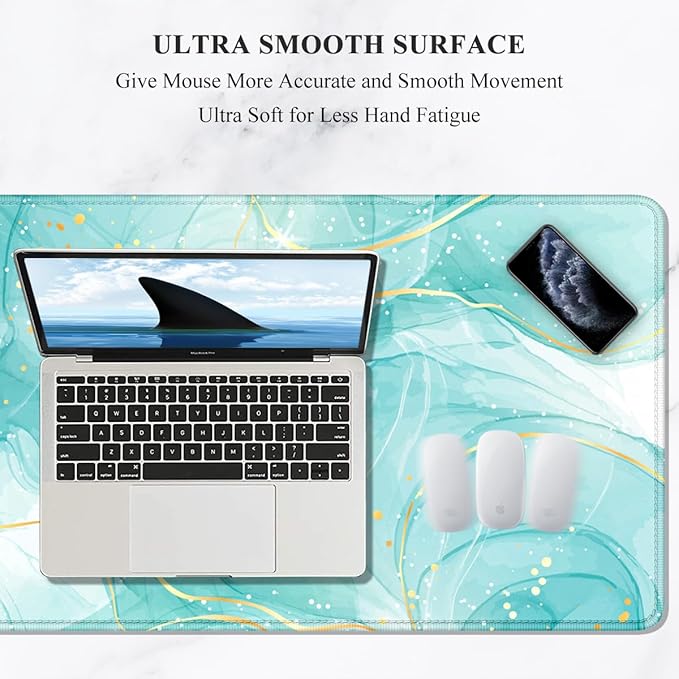 Auhoahsil Desk Mouse Pad, Large Gaming Mousepad, XXL Desk Pad, Extended Long Superior Micro-Weave Cloth Non-Slip Rubber Big Computer Mouse Mat for Gamer, Office & Home, 35" x 15", Teal Gold Marble