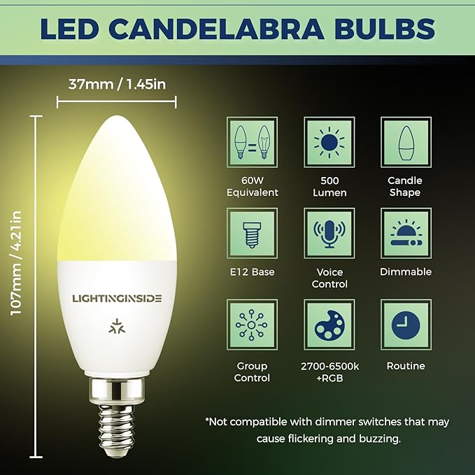Lightinginside Matter Candelabra Smart Light Bulbs 60W Equivalent, Candle E12 LED Bulb Compatible with Alexa/Siri/Apple Home/Google Home/SmartThings, RGBCW, 2.4G WiFi, ETL Listed, Hub Required, 4PCS