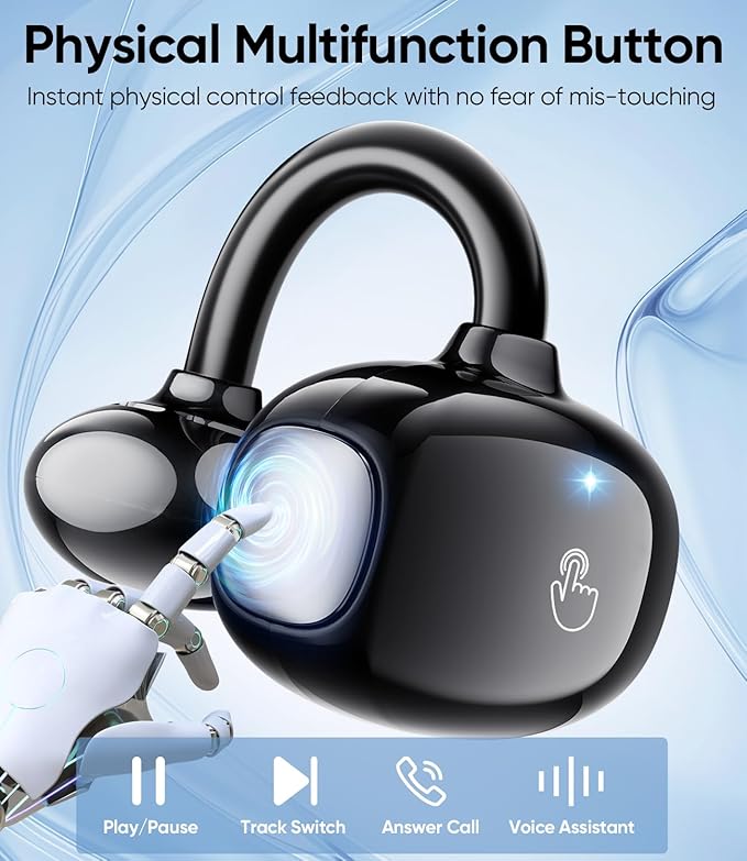 Clip on Earbuds Wireless, Lightweight Open Ear Earbud with Physical Button, Deep Bass Sound Bluetooth 6.0 Headphone Support Dual-Device, 60H Play Time, Ideal for Workout, Running, Subway