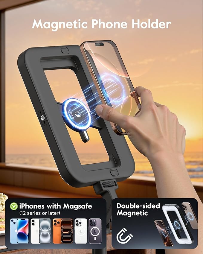 Tripod for iPhone with Light, Portable 15W Ring Light with Stand and Phone Holder for Video Recording, 6000mAh Magnetic Phone Tripod with Light 2500K-9000K for Food Hunt,Mukbang Video,Vlogging,CRI＞95