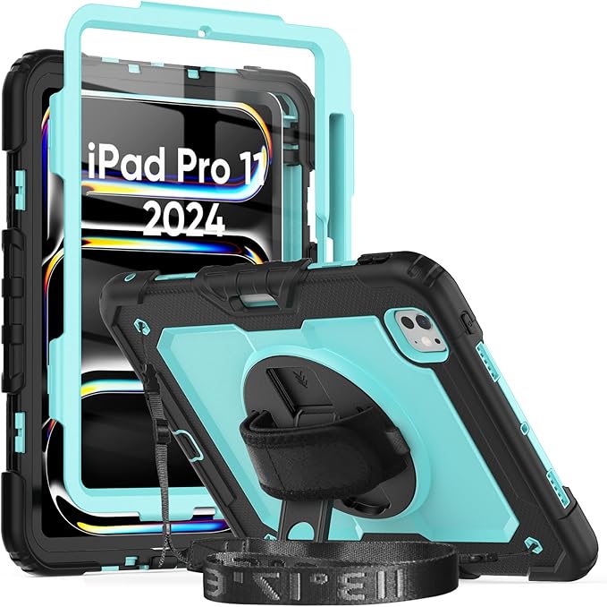 iPad Pro Case 11 Inch for Kids | iPad Pro 11 5th Generation Case with Screen Protector Pen Holder | Hybrid Shockproof Rugged Drop Protection Cover W/ 360° Kickstand Shoulder Strap | SkyBlue