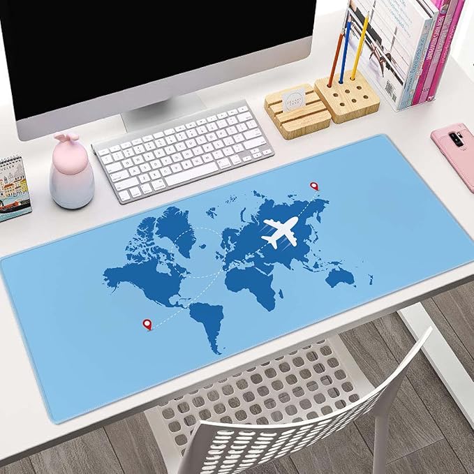 World Map with Airplane Desk Mat Blue Large Mouse Pad XL Extended Gaming Mousepad Keyboard Mouse Mat Desk Pad for Computer Laptop 31.5''X11.8'' Non-Slip Rubber Base with Stitched Edges