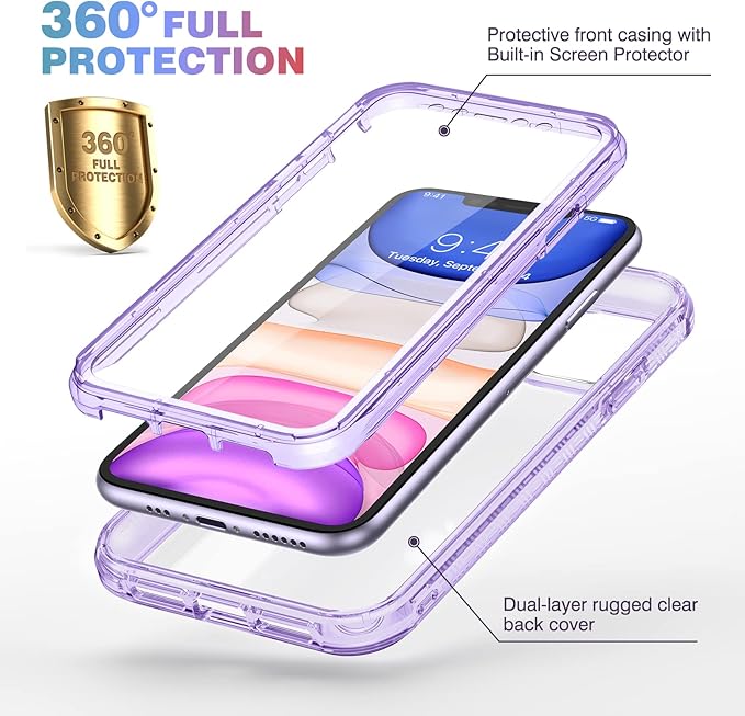 Diaclara Compatible with iPhone 11 Case, Full Body Rugged with Built-in Touch Sensitive Anti-Scratch Screen Protector, Soft TPU Bumper Case Clear Compatible with iPhone 11 6.1" (Clear Purple)