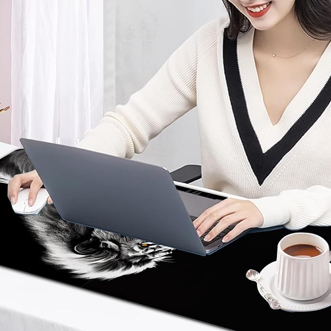 Large Mouse Pad, 31.5 x 11.8in Extended Gaming Mouse Pad with Stitched Edges, XXL Mousepad Protector Non Slip Rubber Base for Office and Home Writing Mat, Fierce Lion Pattern Black Desk Mat