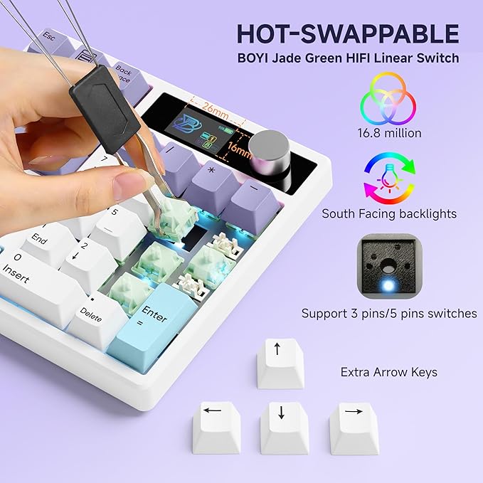BOYI TD31Pro Mechanical Number Pad,Bluetooth5.0/2.4G/Type-C Wireless Numeric Keypad,RGB HotSwap Numpad with Screen&Knob,PBT Keycap Rechargeable Gasket Number keypad for PC Laptop Desktop(White-Purple)