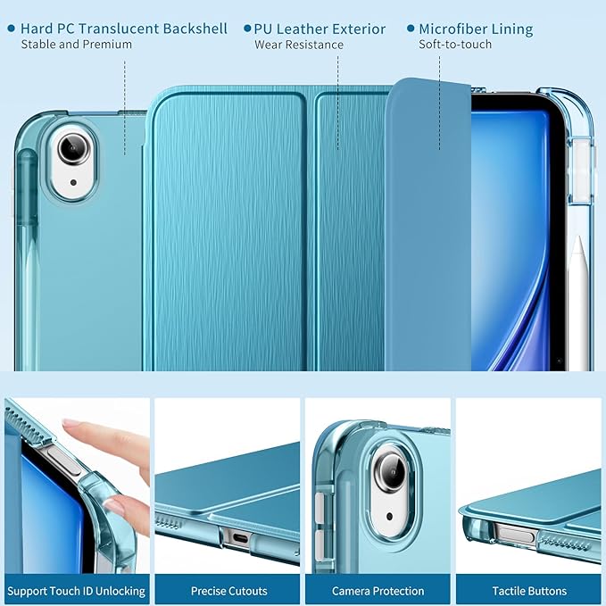 MoKo for iPad Air 11 inch Case (M4/M3/M2) 2026/2025/2024, iPad Air 5th/4th Gen 10.9 inch Case 2022/2020 with Pencil Holder, Slim Light Trifold Cover with Hard PC Translucent Back Shell, French Blue