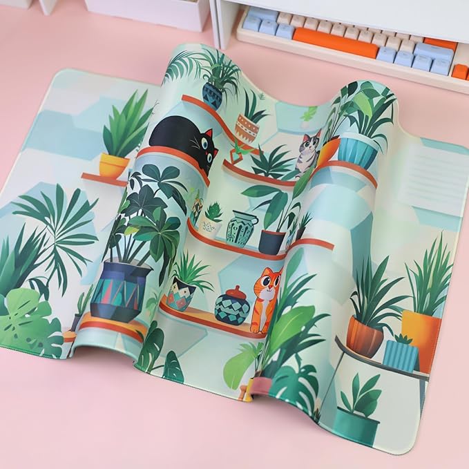PERFECTSIGHT Cute Cat Desk Pad Kawaii Plant Kitty Desk Mat, Large Gaming Mouse Pad, Funny Deskmat Mousepad, Laptop Keyboard Pad Office Home Decor for Women Girls, Green