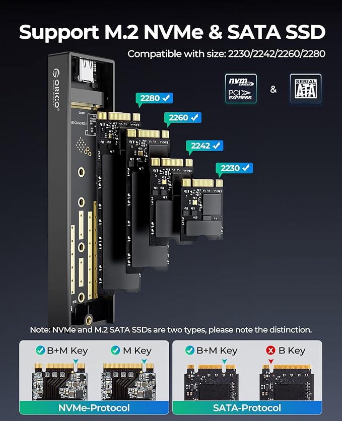 ORICO M.2 NVMe SATA SSD Enclosure, USB 3.1 Gen 2 (10 Gbps) to PCI-E 6Gbps NGFF M-Key / B+M Key SSD Case M.2 Reader Support UASP for Size 2230/2242/2260/2280 SSDs Diskless (M2PVM)