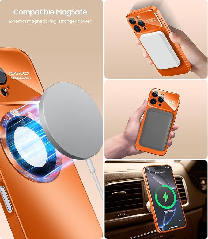 MAKAVO Magnetic for iPhone 16 Pro Max Case, Compatible with MagSafe, Built-in Camera Lens Protector, Logo View, Military Grade Drop Protection Phone Cover, Orange