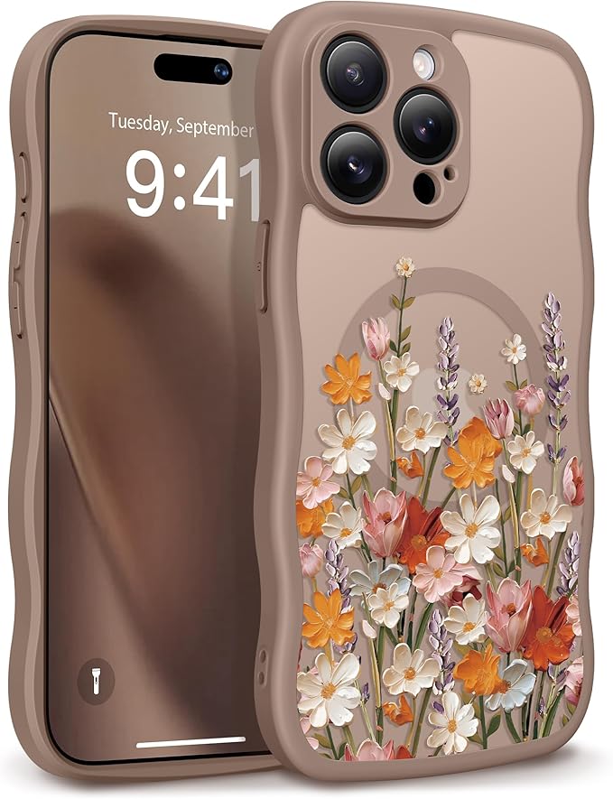GVIEWIN for iPhone 15 Pro Case Compatible with MagSafe [Curly Wave Edge][Full Camera Protection] Floral Translucent Shockproof Magnetic Women Phone Case for iPhone 15 Pro 6.1'', Primrose/Brown