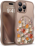 GVIEWIN for iPhone 15 Pro Max Case Compatible with MagSafe [Curly Wave Edge][Full Camera Protection] Floral Translucent Shockproof Magnetic Women Phone Case for 15 Pro Max 6.7'', Primrose/Brown