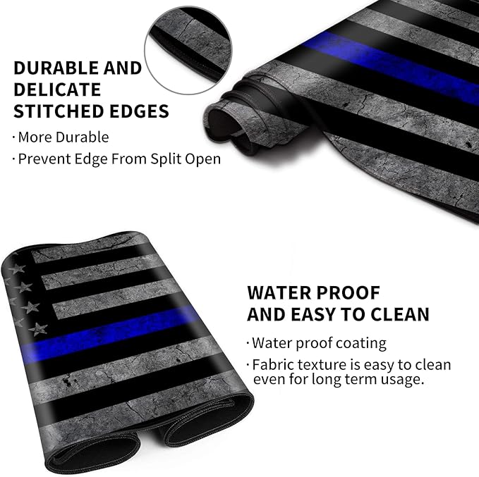 Large Gaming Mouse Pad, Thin Blue Line American Flag Design Keyboard Mat Desk Mousepad, Full Desk Extended XXL Mouse Pad 35.5" X 15.75" w/Stitched Edges Non-Slip for Office Home Gamer