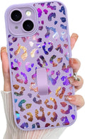 KANGHAR Compatible with iPhone 15 Case, Support for MagSafe, Silicone Cute Iridescent Leopard Cheetah Pattern, Wristband Kickstand Shockproof Protective Slim Cover for Women Girls, Purple