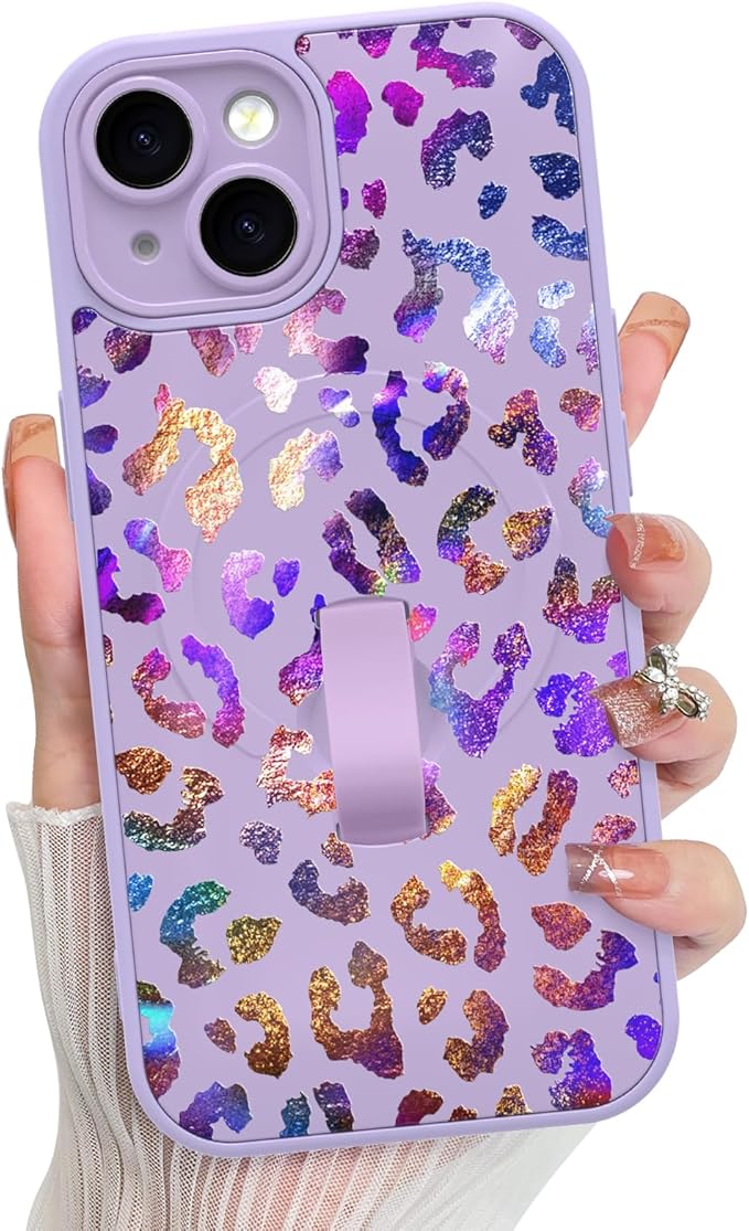 KANGHAR Compatible with iPhone 15 Case, Support for MagSafe, Silicone Cute Iridescent Leopard Cheetah Pattern, Wristband Kickstand Shockproof Protective Slim Cover for Women Girls, Purple