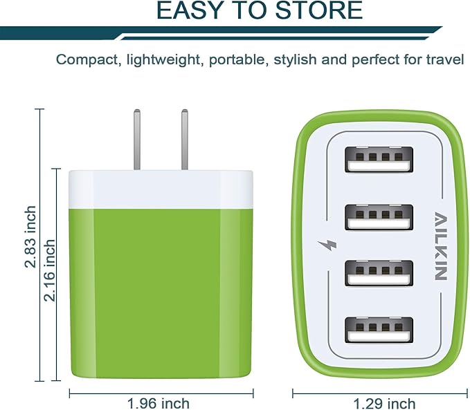 Wall Charger, USB Charger Adapter, AILKIN 4.8A 4Multi Port Fast Charging Station Power Base Block Plug Cube Brick for iPhone, iPad, Samsung Galaxy, Moto, Google Pixel, Kindle Fire Plug Cargador Carro
