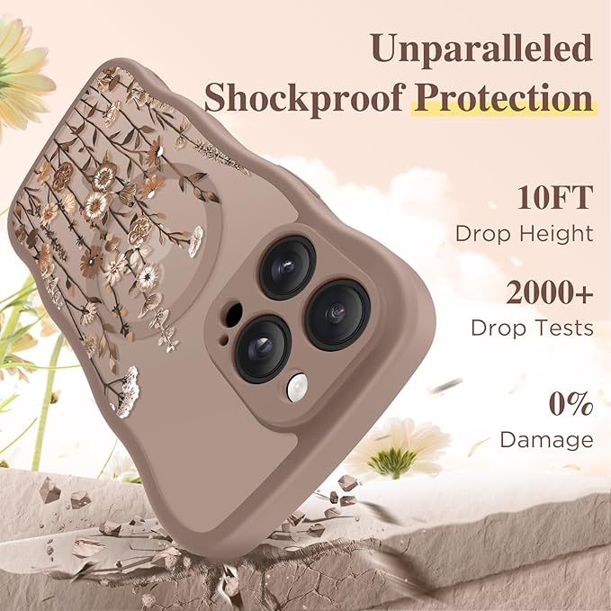 GVIEWIN for iPhone 14 Pro Case Compatible with MagSafe [Curly Wave Edge][Full Camera Protection] Floral Translucent Shockproof Magnetic Women Phone Case for 14 Pro, Floratopia/Brown