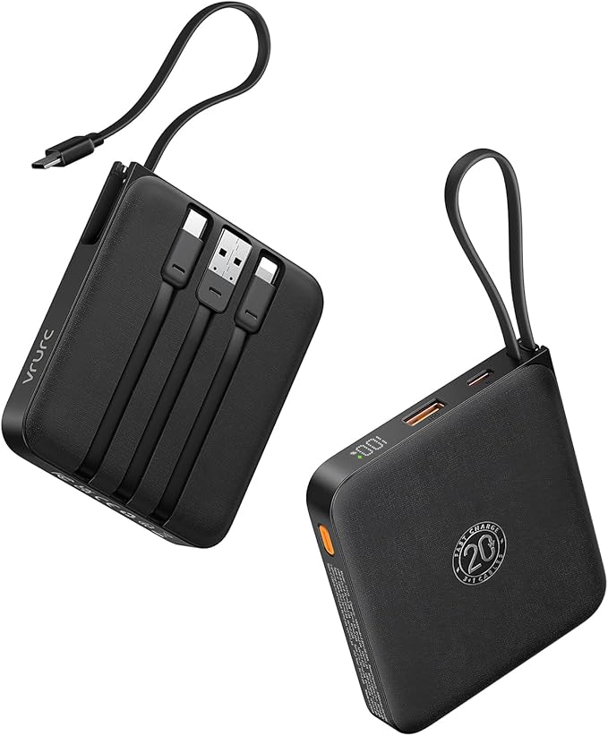 VRURC Portable Charger with Built-in Cable, 10000mAh 22.5W Fast Charging USB C Battery Pack, Cell Phone Power Bank for iPhone 17 16 15 Series Android Tablet (Black)