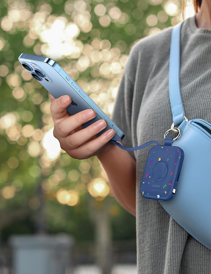 RORRY Portable Charger, 5000mAh Portable Charger Power Bank with Built-in Cables, Travel Keychain Battery Pack for Apple Watch Ultra/11/10/9/8/7/6/SE, iPhone Air/17/16/15/14/13/12, Confetti-Deepblue