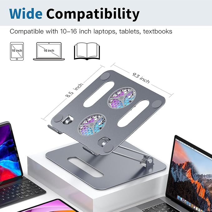 YICOSUN Adjustable Laptop Cooling Stand with 2 Quiet Fans & RGB Lighting, Aluminum Alloy & Foldable Ergonomic Design for MacBook, Lenovo, ASUS, Dell 10-16 Inch, Perfect for Gaming, DJ, Office - Gray