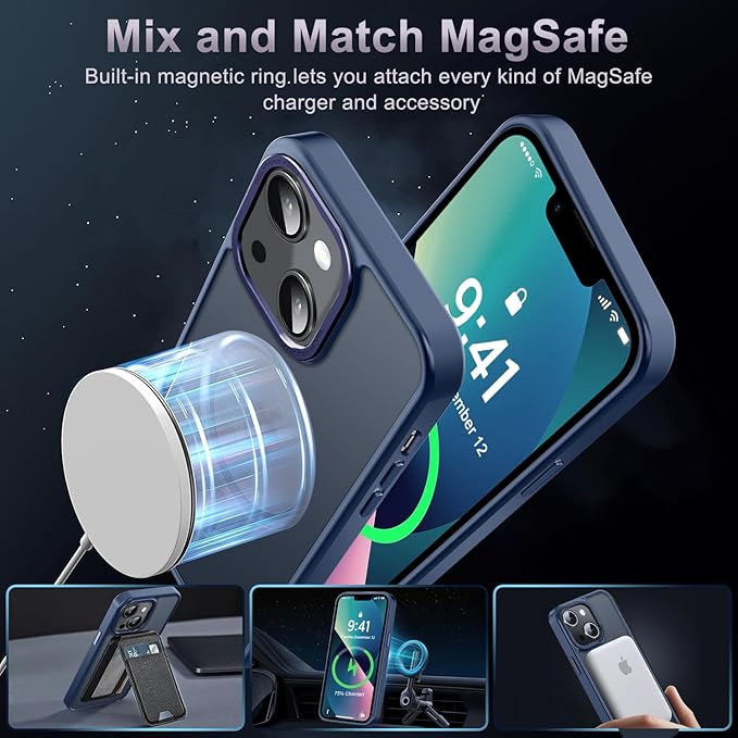 Newfuture Designed for iPhone 13 Case & iPhone 14 Case with Magnetic [13 FT Military Drop Protection] [Compatible with Magsafe] Slim Translucent Shockproof with Anti-Fingerprint Phone Case, Navy Blue