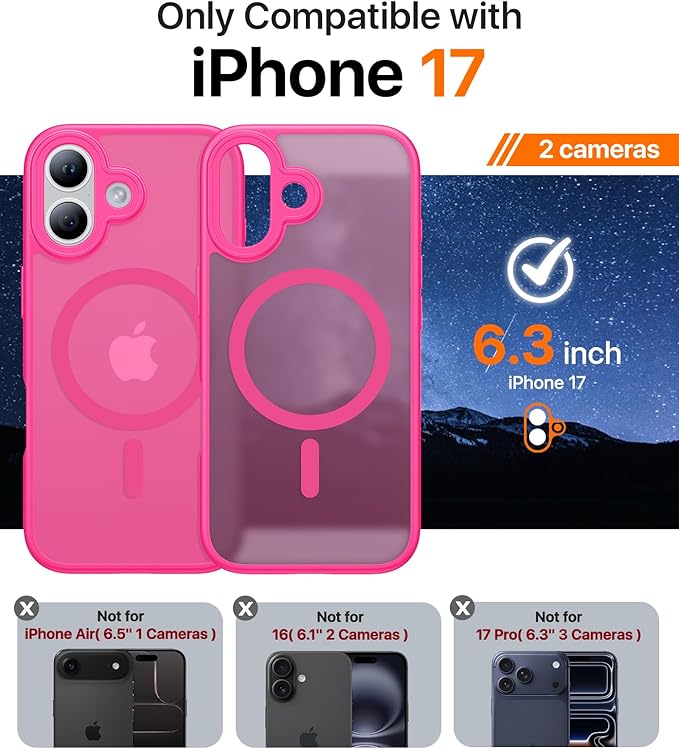 Magnetic for iPhone 17 Case,[Anti-Slip][Compatible with MagSafe][Military Grade Drop Protection] Shockproof Protective Translucent Matte Phone Case for iPhone 17 Case,Hot Pink
