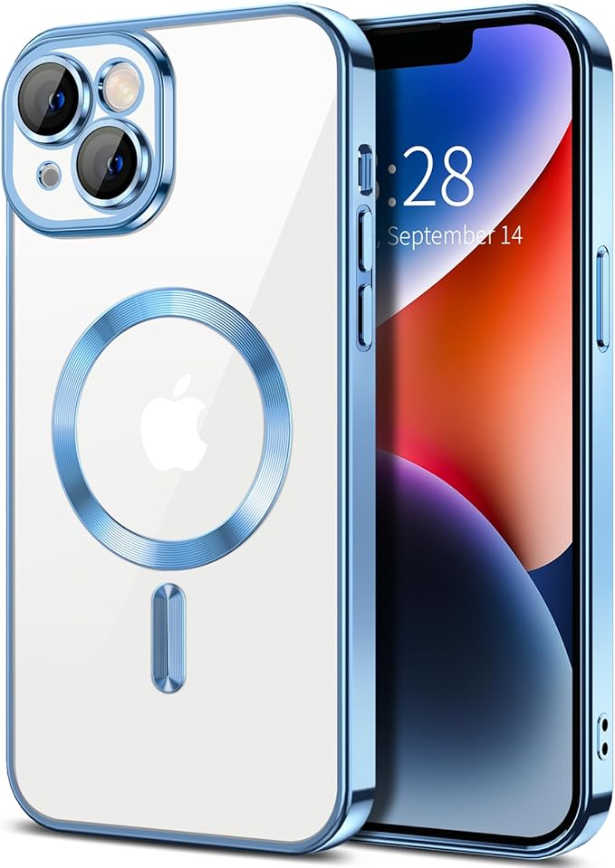 Hython Magnetic Clear for iPhone 14 Plus Case with Camera Lens Protector [Compatible with MagSafe] Luxury Plating Edge Slim Soft TPU Cover Protective Phone Case for iPhone 14 Plus 6.7", Light Blue