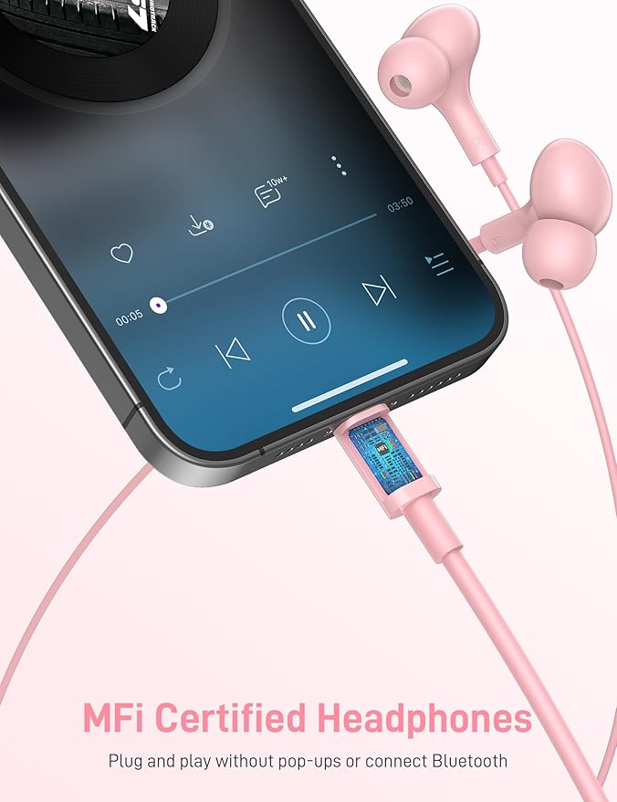 iMangoo for Apple MFi-Certified Headphones for Lightning Wired Earbuds Magnetic Ear Buds with HiFi Bass,3 Ear Tips Mic Corded Earphones for Gym, Commuting for iPhone 14 Plus 13 12 11 Pro Max Pink