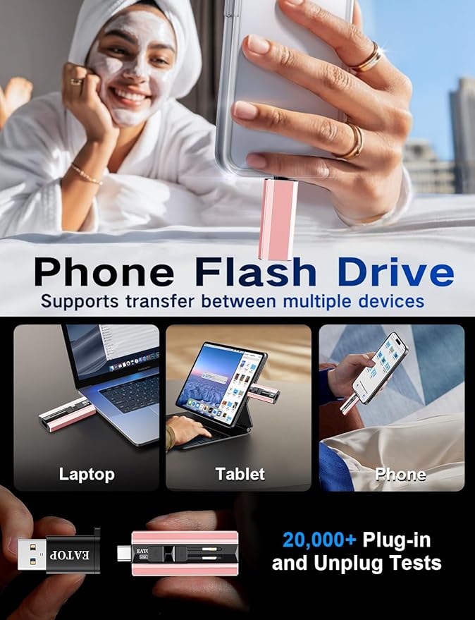 EATOP 256GB Dual Interface Flash Drive, No App Required, Portable USB Storage Memory Stick for iPhone, iPad, Android, PC & Mac – Easily Stores Photos, Videos & Files (Light Pink)