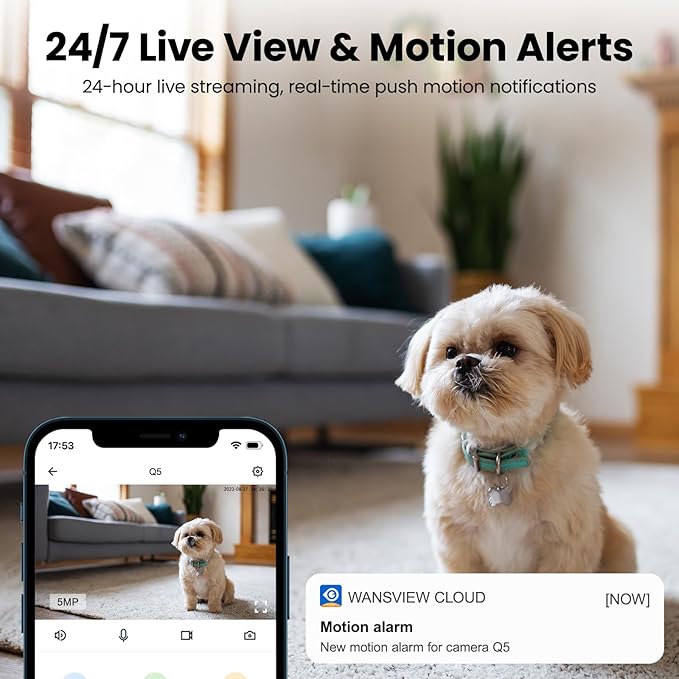 wansview 5MP UHD Pet Camera with Phone app, 5Ghz&2.4Ghz Dual Wi-Fi Security Camera Indoor for Monitoring Home/Baby/Cat/Dog, 2 Way Audio, 24/7 TF Card Storage(TF Card Not Included), Q5 (White)
