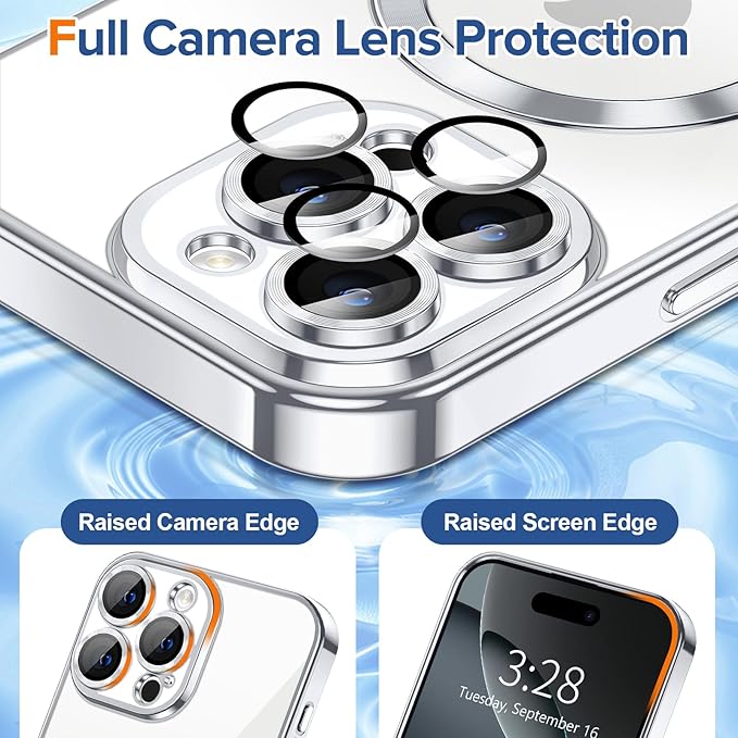 Hython Magnetic Clear for iPhone 16 Pro Case with Camera Lens Protector [Compatible with MagSafe] Luxury Plating Edge Slim Soft TPU Cover Protective Phone Case for iPhone 16 Pro 6.3", Silver