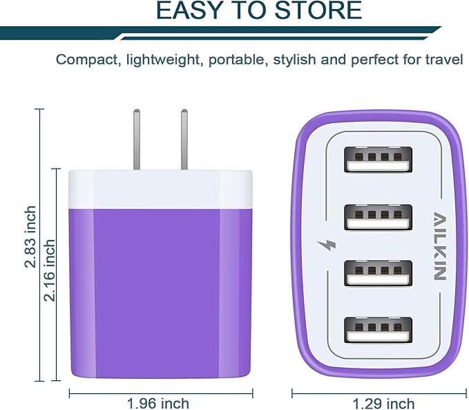 USB Wall Charger, Charging Block, AILKIN 2-Pack 4.8A/5V 4 Port USB Plug Power Travel Brick Adapter for iPhone, iPad, Samsung Galaxy, Moto, Kindle Fire, Headphones, Doorbell Android Phone Box Cube