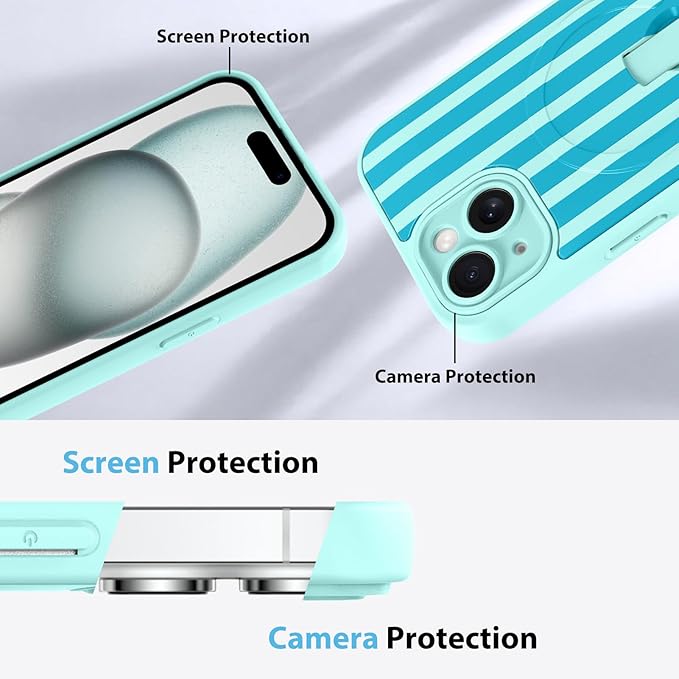 KANGHAR Compatible with iPhone 15 Case, Support for MagSafe, Silicone Stripes Cute Pattern, Wristband Kickstand Camera Protection Soft Slim Cover for Girls Women -Blue