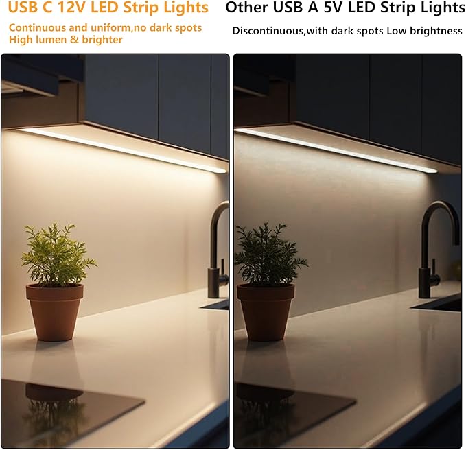 USB C 12V LED Strip Lights 16.4ft, Bright Under Cabinet Lighting for Kitchen, TV Backlight & RV Camper, Flexible Tape Light for 3D Printer & Desk