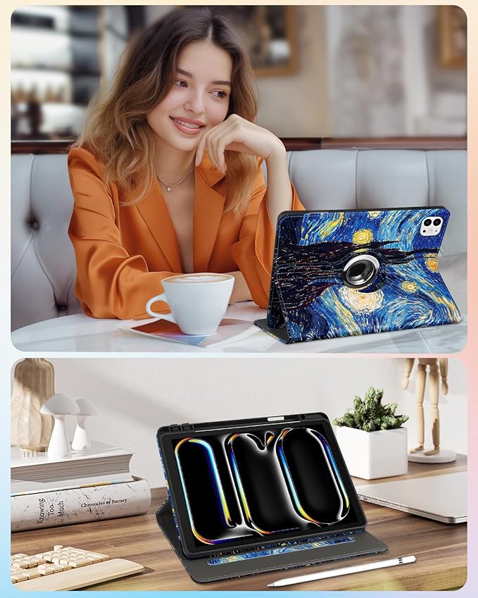 Kidcube for iPad Pro 13 Inch Case M4 2024 - Women Girls Kids Cute Rotating Stand Folio Cover with Pencil Holder & Card Slot Cool Unique Teens Design for iPad Pro 13 Inch Case 2024 (A2925 A2926 A3007)