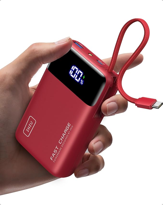INIU 20000mAh Power Bank, Smaller 45W PD Fast Charging Portable Charger, Battery Pack with Build in USB C Cable, Travel Phone Flight-Safe Powerbank for iPhone 17 16 Samsung S26 Google iPad, Red
