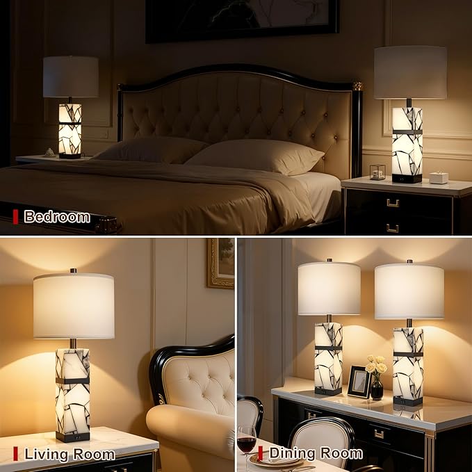 Scenekoy 27" Alabaster Table Lamps Set of 2 with Night Light for Living Room Bedroom, Nightstand Lamps with Linen Shade, Modern Bedroom Lamps with USB A+C Ports for Living Room Office (Bulb Included)
