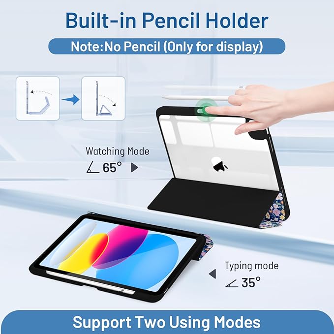 MrARTIST for iPad Air 11 Inch Case M3/M2 - Air 5th/4th Generation 10.9" Cute Women Girls Girly Kawaii Aesthetic Kawaii Design for Apple Air Tablet Cover with Pencil Holder, Blue Floral