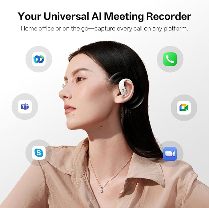 OpenNote Professional AI Note Taker Earbuds, MFi Certified Open-Ear Voice Recorder, 53H Battery, Instant Call & Meeting Recording, Live Transcription & AI Summary, IP55, Gray