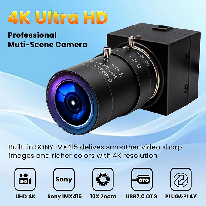 4K USB Camera - 10X Optical Zoom, Ultra HD 2160P, IMX415 Sensor, Plug and Play for Windows, Linux, Mac, Raspberry Pi