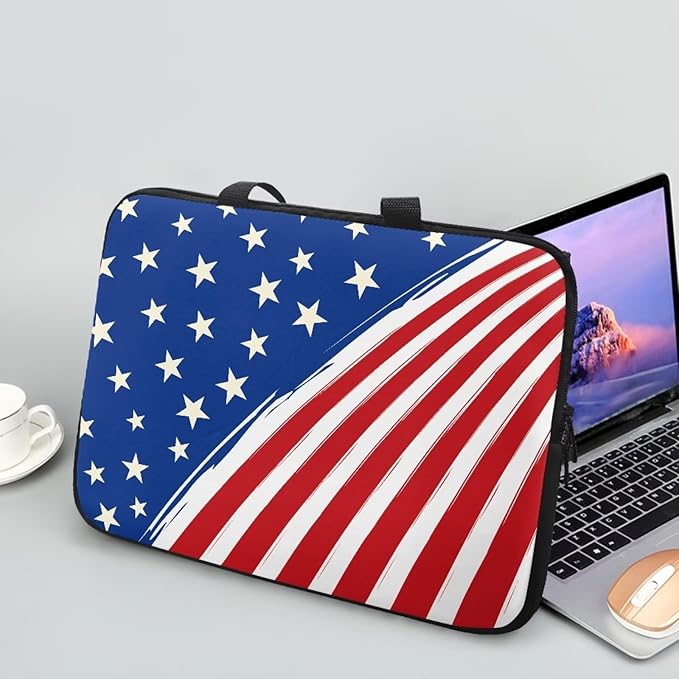 10 Inch American Flag Laptop Sleeve, Red White and Blue Laptop Cover Computer Bag Tablet Carrying Case, Zipper Tote Bags Notebook Sleeves Independence Day Gifts for Men Women